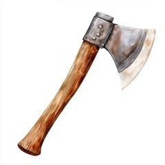 Rustic Watercolor Axe with Worn Metal Head and Brown Wooden Handle