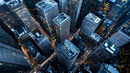 Aerial Cityscape View of Tall Skyscrapers Illuminated at Night in Urban Metropolis : Generative AI