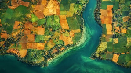 High-altitude sensors monitor varied agricultural fields along a river in a tropical region, showcasing vibrant colors and patterns. This geospatial analysis aids in environmental understanding.