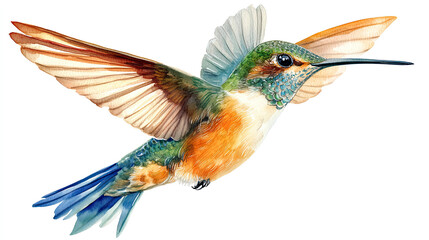 Fototapeta premium Colorful hummingbird illustration hand drawing isolated on white background. Tropical bird watercolor summer clipart.