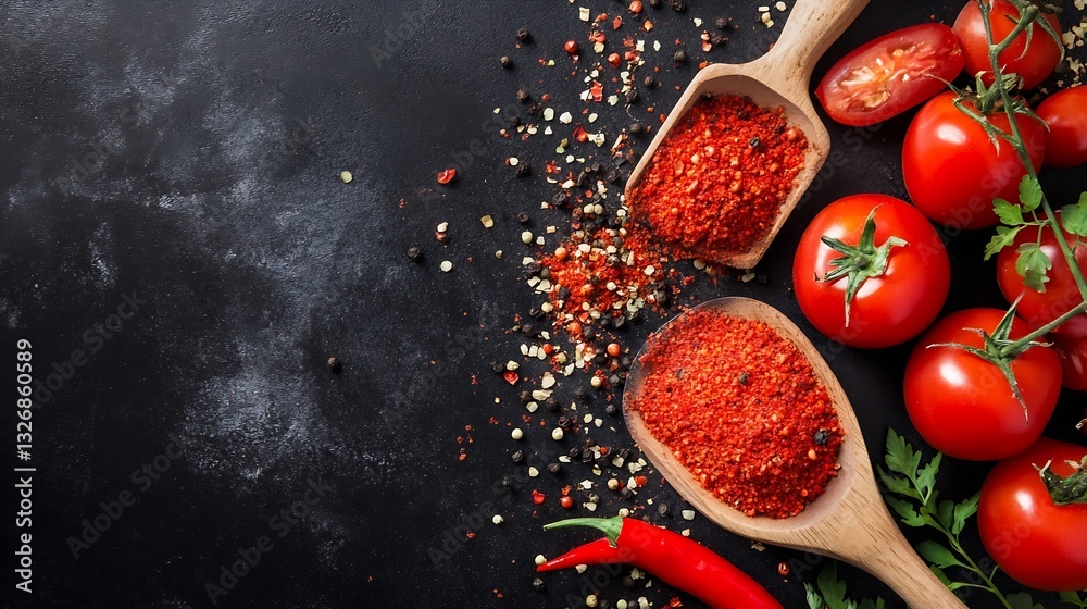 Poster CloseUp of Vibrant Red Tomatoes and Spices on a Dark Surface for Culinary Backgrounds : Generative AI