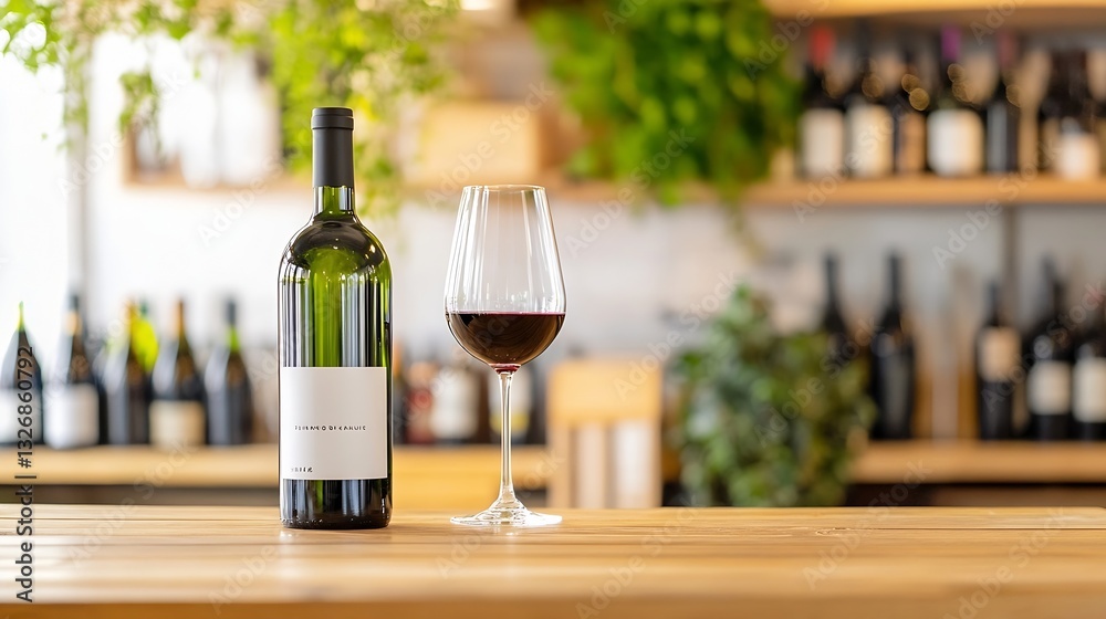 Poster elegant wine bottle alongside a glass filled with red wine set against a blurred bar background : ge