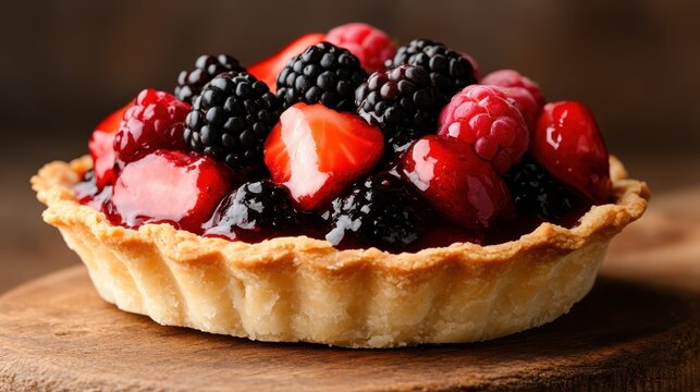 A delightful mixed berry tart featuring an assortment of fresh strawberries, raspberries, and blackberries elegantly arranged in a golden crust with a glossy glaze.