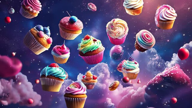 Whimsical cupcake galaxy: floating confections in cosmic dreamscape, dreamy world of sweets, sugar, cake