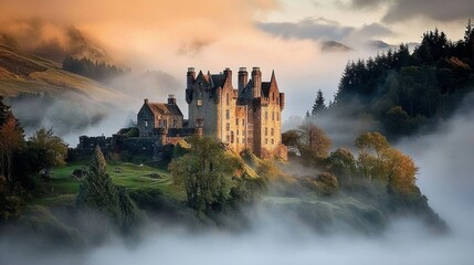 The enchanting atmosphere of a foggy day highlighting a historical castle's renovation.