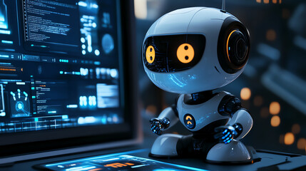 Cute robot interacting with a computer screen.