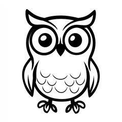 Fototapeta premium Adorable Owl Illustration A charming black outline drawing of a smiling owl with large, expressive eyes against a white background.