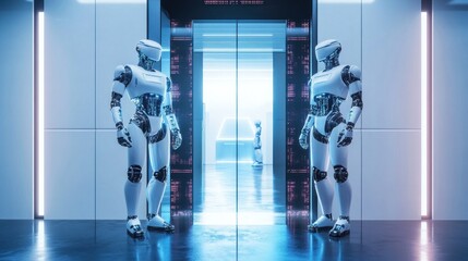 Futuristic scene with two white robots guarding a portal with neon glowing lights