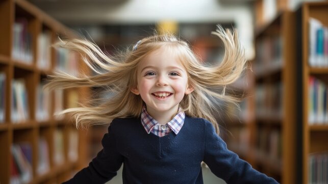 A girl in formal attire leans forward, arms outstretched and smiling brightly, adding a playful vibe to this lively portrait.