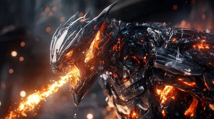 A fierce dragon-inspired robot unleashing fiery breath.