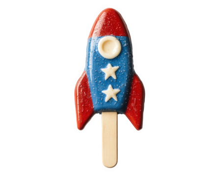 classic red, white, and blue rocket shaped popsicle, perfect for summer fun and celebrations. This nostalgic treat features playful design with stars and vibrant colors