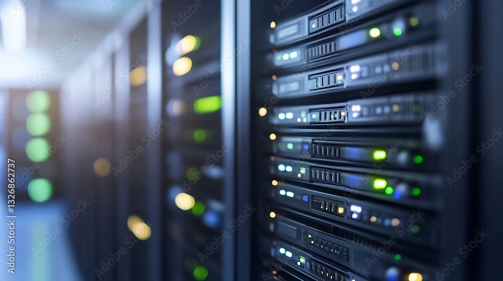 Poster High tech data center with multiple server racks and glowing LEDs showcasing modern technology and infrastructure : Generative AI