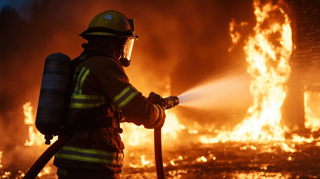 Firefighter extinguishing house fire at night, wearing protective gear and breathing apparatus