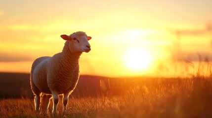 Obraz premium Majestic sheep standing in a beautiful grassy field during a stunning sunset with warm natural lighting : Generative AI