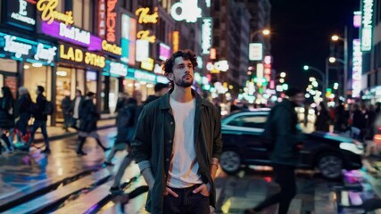 A man walking through a busy city street at night, surrounded by blurred crowds and neon lights. Urban chaos and fast-paced modern life concept, capturing the energy of the metropolis. - Powered by Adobe