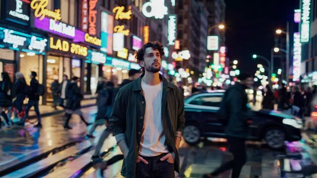 A man walking through a busy city street at night, surrounded by blurred crowds and neon lights. Urban chaos and fast-paced modern life concept, capturing the energy of the metropolis.