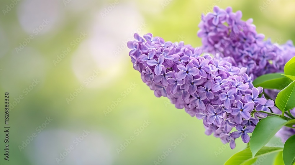 Poster closeup view of delicate lilac flowers in bloom surrounded by soft green foliage in a serene atmosph