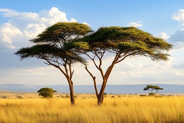 Obraz premium savanna scrub teems with vitality featuring grand african acacia trees rising high with unique forms as yellow grasses dance in breeze forming a lively habitat thriving on unity 