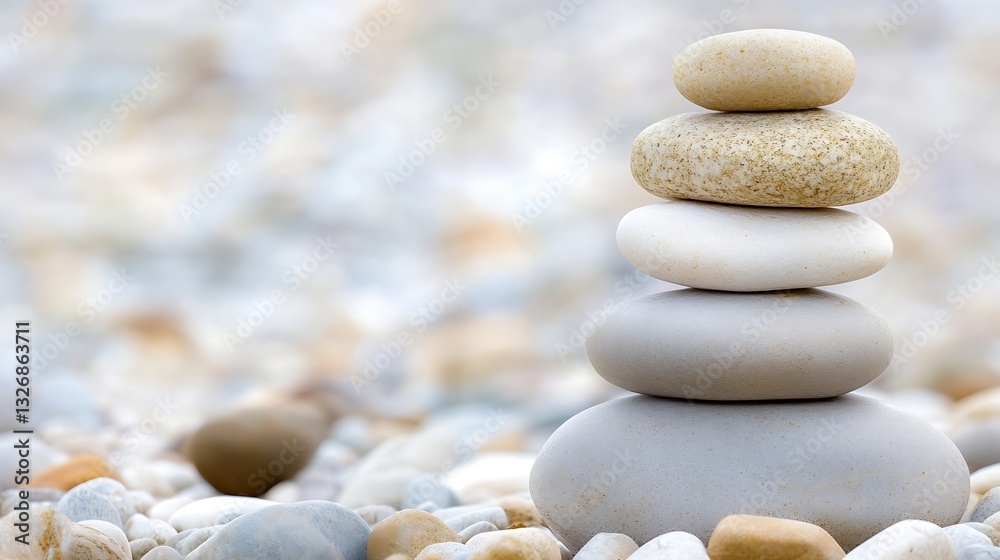 Poster carefully balanced smooth stones stack over a blurred background of pebbles and water : generative a