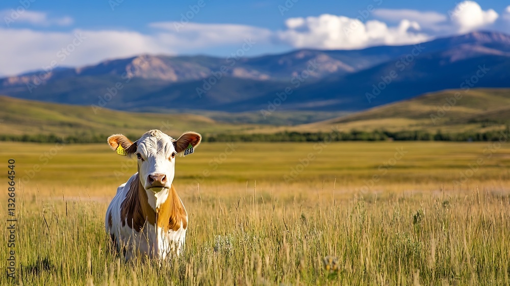 Poster cute brown and white cow standing in a vast green field with mountains in the background : generativ
