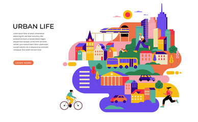 Colorful Urban Life Illustration. Modern Cityscape with People, Transportation, and Skyscrapers.