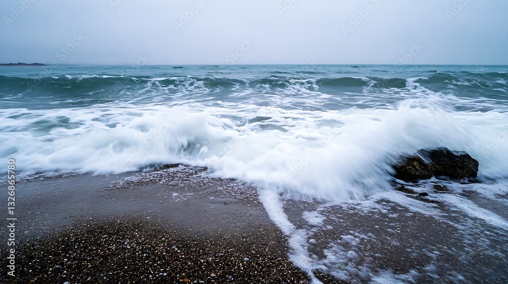 Poster wild crashing waves on a rocky coastline under a moody grey sky creating a powerful ocean scene : ge