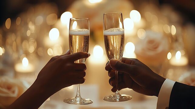 An intimate wedding dinner setting, the bride and groom’s hands holding elegant champagne flutes, golden bubbles sparkling. The softly blurred background reveals a long,