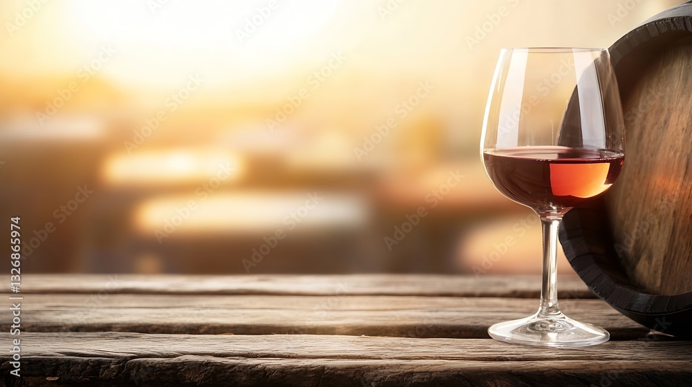 Poster elegant glass of red wine next to a rustic wooden barrel and warm background light : generative ai