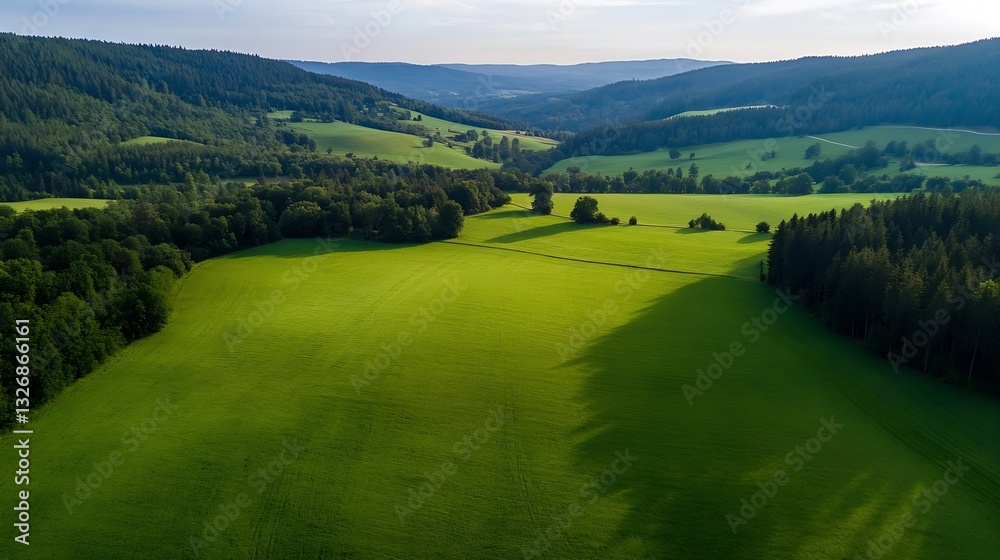 Poster lush green fields and expansive farmland under blue skies with distant rolling hills : generative ai
