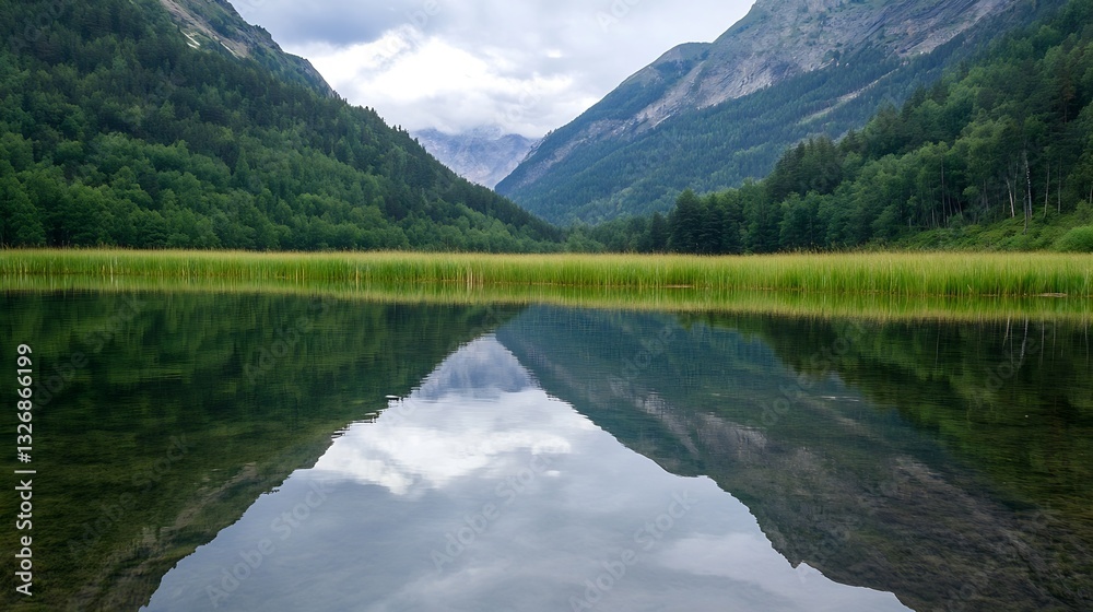 Poster majestic mountain reflections in a calm lake surrounded by lush forest : generative ai