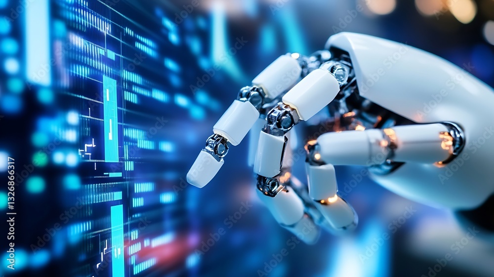Leinwandbilder Futuristic robotic hand interacting with a digital interface representing advanced technology : Generative AI