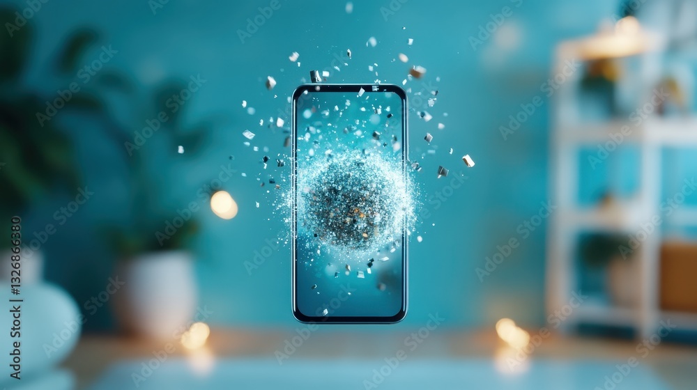 Poster this visually striking image features a smartphone encased in a spherical array of glittering partic
