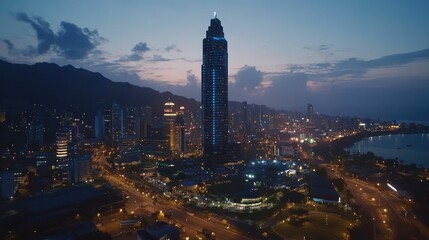 Obraz premium Night Cityscape: Coastal Metropolis at Dusk