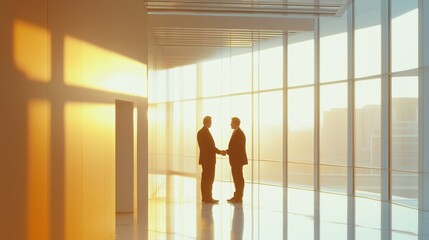 Fototapeta premium Elegant business handshake in a modern office setting, symbolizing professional agreement, corporate partnership, and successful negotiation with a warm and pastel-toned background.