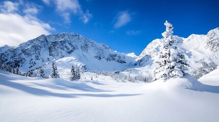 Stunning Winter Landscape with SnowCovered Mountains Under a Bright Blue Sky : Generative AI