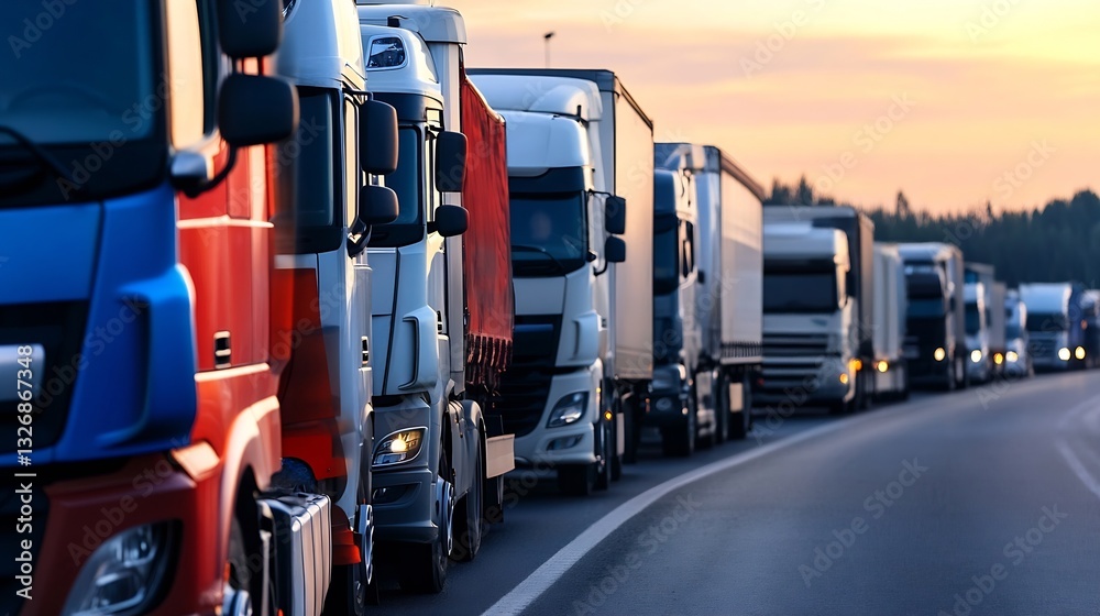 Poster trucks lined up on the highway during sunset capturing the essence of transportation : generative ai