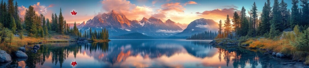 Breath-taking Sunset over Canadian Mountains with Reflective Lake. Generative AI