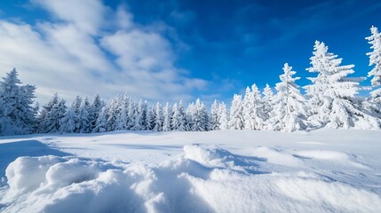 Majestic Snowy Landscape with Tall Pine Trees Surrounded by a Clear Blue Sky : Generative AI