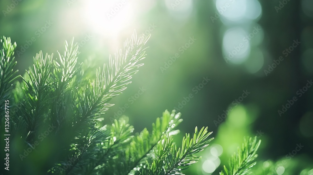 Poster Closeup of vibrant green pine needles illuminated by soft sunlight creating a refreshing natural ambiance : Generative AI