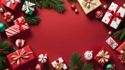 Christmas Background with Red Gifts, Pine Branches, and Festive Ornaments
