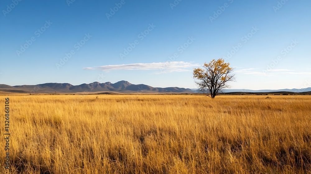 Poster lonely tree in wide open grassland under bright blue sky and gentle clouds : generative ai