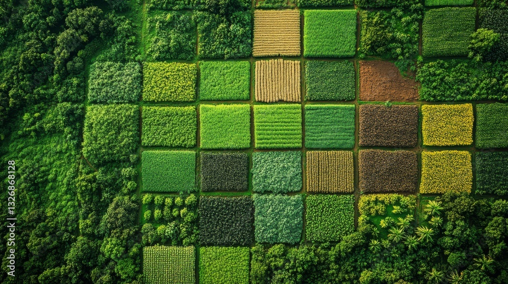 Poster This view highlights various agricultural fields arranged in a grid, demonstrating crop diversity and different land management practices.