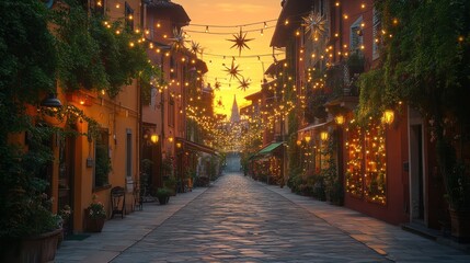 Obraz premium Festive Italian street at sunset, illuminated with lights