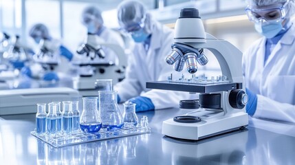 Fototapeta premium Laboratory Research: Scientists Working with Microscopes and Samples