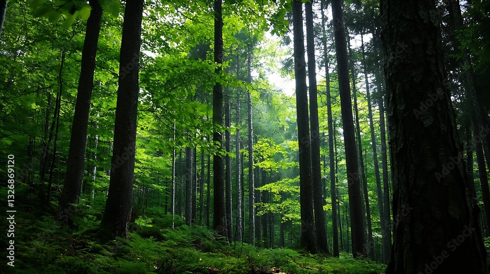 Poster Lush green forest with tall trees and sunlight filtering through the dense canopy : Generative AI