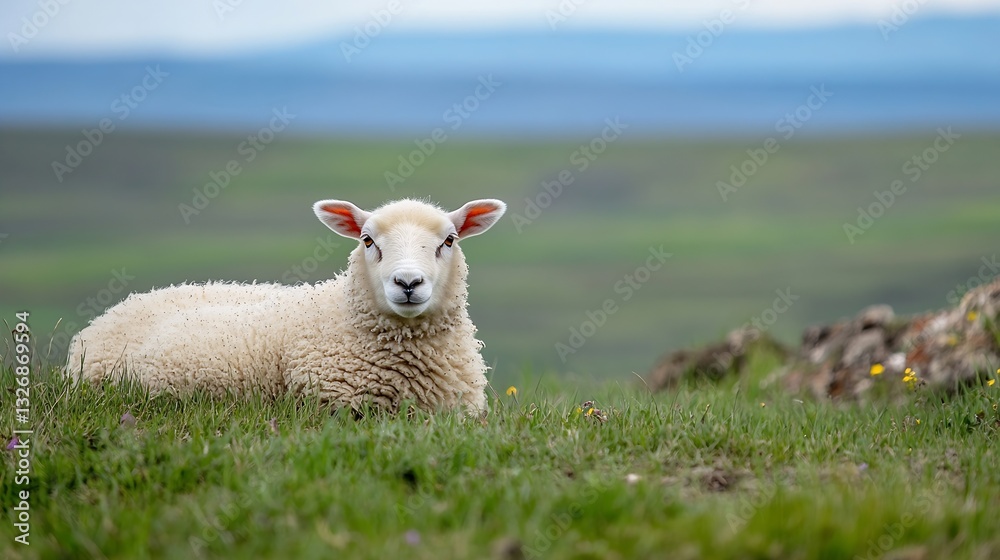 Poster Adorable sheep lying in a lush green meadow with a serene expression and gentle landscape in the background : Generative AI