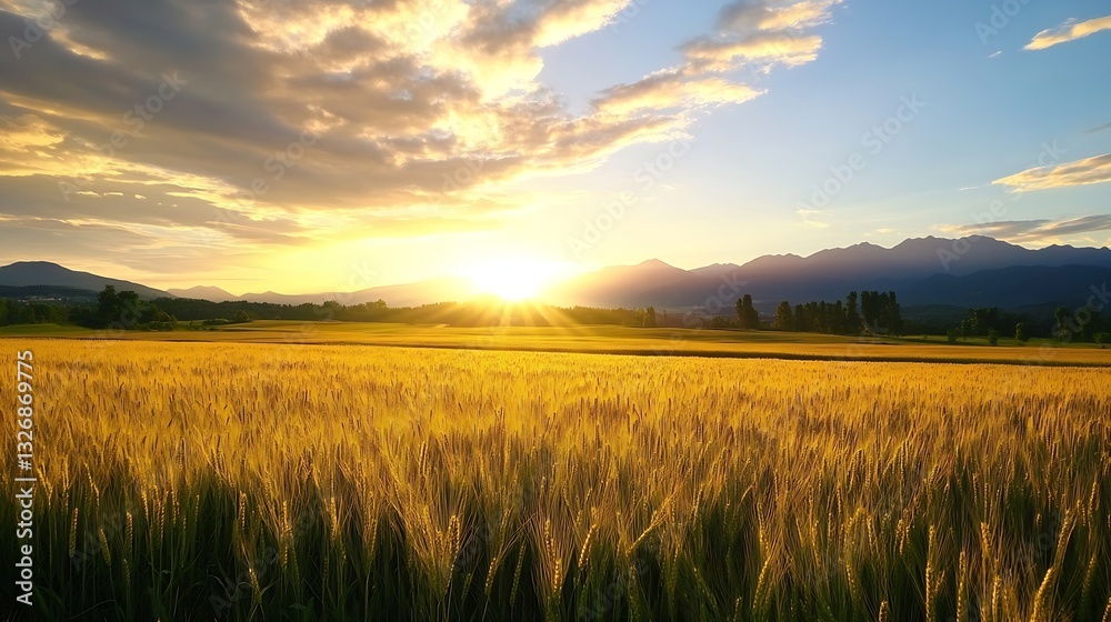 Poster golden wheat field glowing under a beautiful sunset with mountains in the background : generative ai