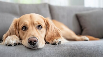 Adorable Golden Retriever Relaxing Comfortably on a Cozy Couch with Soft Natural Light : Generative AI