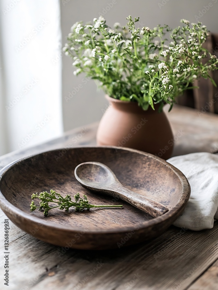 Aufkleber rustic wooden bowl with spoon and fresh herbs beside a vase of greenery on a table in a cozy setting