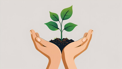 Human hands holding a young plant on white background outline illustration/ Ecology, agriculture, Environment Earth Day concept abstract image